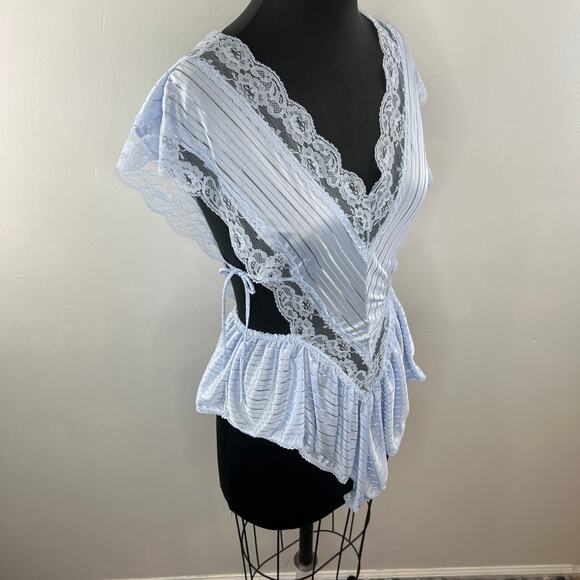 VINTAGE Dara-Jane Blue Lace Satin Teddy Romper Side Ties Cut Outs USA VTG L - Picture 2 of 4